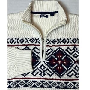 IZOD Fair Isle Nordic Sweater Mens XL Cream Quarter-Zip Holiday Winter Pullover